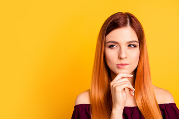 Portrait of red straight-haired attractive cute nice curious you