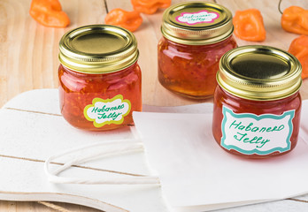 Glass jars with habanero jelly. Gift idea.