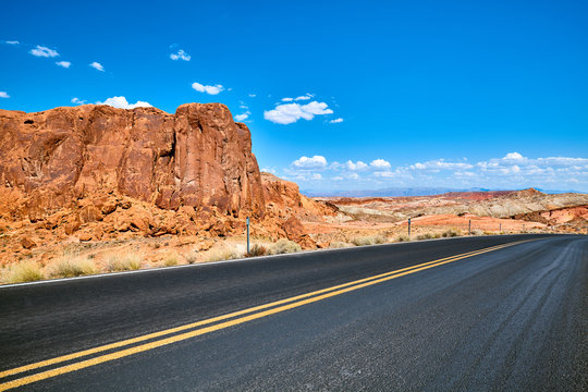 Scenic road with unique rock formations, travel concept, Nevada, USA.