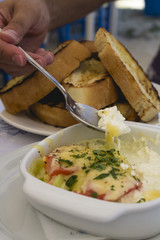 Traditional greek appertizer- bujurdi. Served in small restaurant near the beach. Greece, Sithonia.