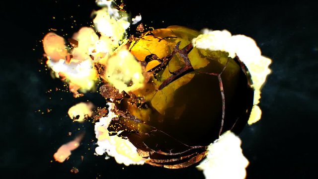 Huge asteroid hits Planet Earth on the left side of the screen causing the planet to crack and explode. Comes with the Alpha Matte.