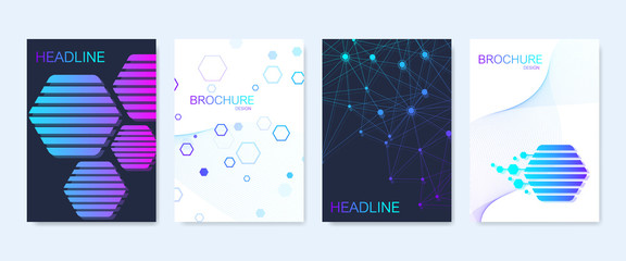 Modern vector templates for brochure, cover, banner, flyer, annual report, leaflet. Abstract art composition with hexagons, connecting lines and dots. Wave flow. Digital technology or medical concept.