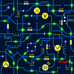 Vector seamless background of electrical circuit of radio device (resistance, transistor, diode, capacitor, inductor).