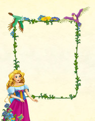 cartoon scene with floral frame - beautiful girl - princess - title page with space for text - illustration for children 