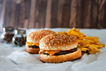 Cheese burger - American cheese burger with Golden French fries