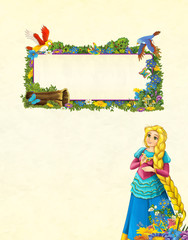 cartoon scene with floral frame - beautiful girl - princess - title page with space for text - illustration for children 