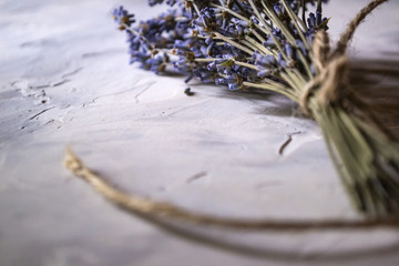 The bouquet of dried lavender on the desk. Close up.