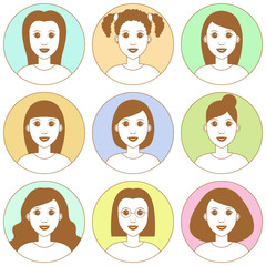 Beautiful young girls avatar set. Pretty girl with different haircut style. Vector soft color clipart illustration isolated on white background