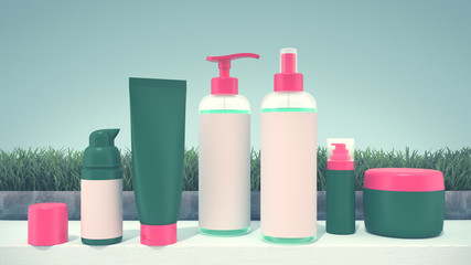 Realistic 3D rendering mockup for cosmetic containers for creams and tonic bottles. Bottle and tube, tonic cream for care skin illustration