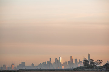 View of City of Melbourne at Sunrise from Brighton Beach