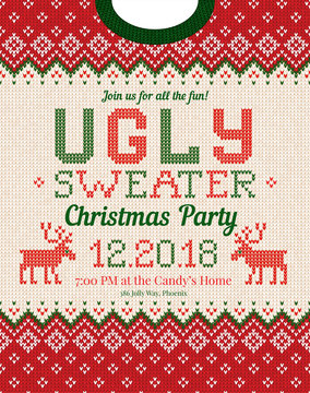 Ugly sweater Christmas party invite. Knitted background pattern scandinavian ornaments.