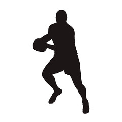 Fototapeta na wymiar Rugby player running with ball, isolated vector silhouette. Team sport
