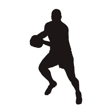 Rugby player running with ball, isolated vector silhouette. Team sport