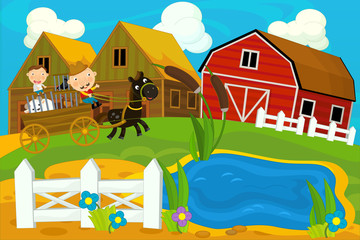 Fototapeta premium cartoon farm scene with father and son - kid - working together - illustration for children