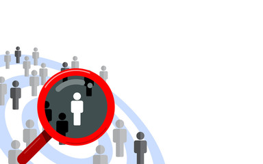 Target audience, find the right person. Magnifying glass and dartboard design vector concept isolated on white background.