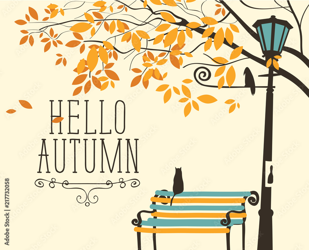 Poster vector banner in retro style on the fall theme with the inscription hello autumn. autumn landscape w