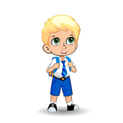 Cute little blonde school boy with big green eyes in uniform isolated on white background.