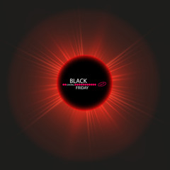 Black Friday sale and sun poster or banner. Glowing colorful circle with red light effect on black abstract background. Design template for shopping