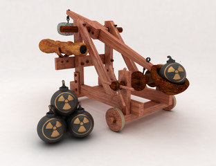 Catapult with optical sight on a white background, charged atomic bombs, old cannonballs, 3d render