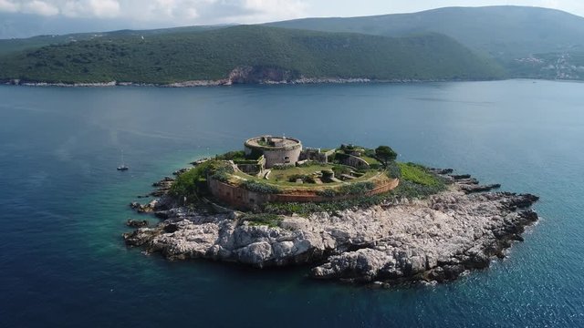 Aerial drone shot of Mamula Island in Montenegro