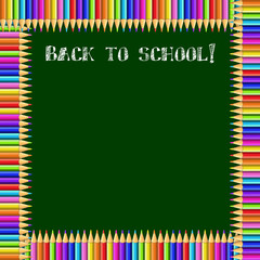 square frame made of colorful pencils on green blackboard background with back to school chalky inscription and copy space.