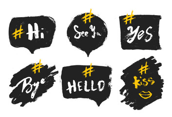 Set of bubble banners with hashtags. trendy design for young slang words. Vector illustration