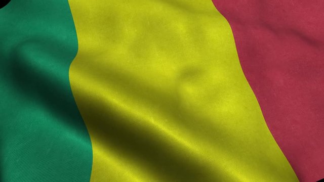 Photorealistic 4k Close up of mali flag slow waving with visible wrinkles and realistic fabric. A fully digital rendering, 3D Animation. 15 seconds 4K, Ultra HD resolution mali flag animation.