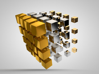 an array of silver cubes on a white background, 3d rendering