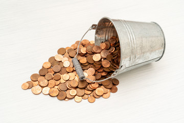 Euro cents spilling from metal bucket
