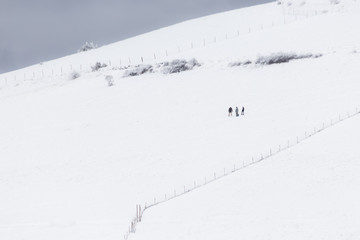 Some people in the middle of snow on a mountain, with some fences