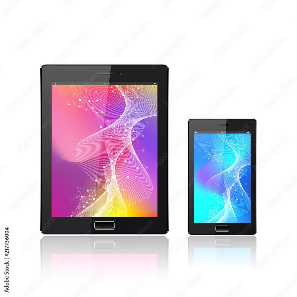 Poster modern digital tablet pc with mobile smartphone isolated on the white. abstract fluid 3d shapes vect