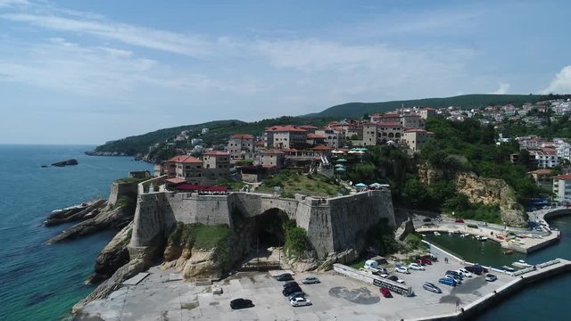 Aerial drone shot of Ulcinj city coastline in Montenegro