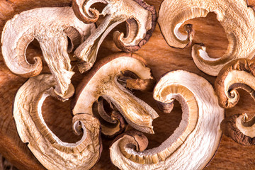 Dried white mushrooms on a wooden spoon. Dried porcini mushrooms.