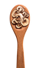 Dried white mushrooms on a wooden spoon. Dried porcini mushrooms. Isolated on white background.