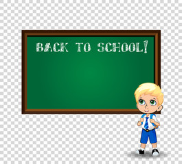 school boy near blackboard with chalk inscription back to school on transparent background.
