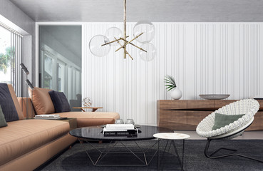 Modern living room interior design 3D Rendering
