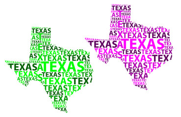 Sketch Texas (United States of America, The Lone Star State) letter text map, Texas map - in the shape of the continent, Map Texas - green and purple vector illustration