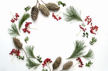 Christmas holidays botanical background, flat lay composition