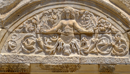 Antique objects and structures in Ephesus close-up, Selcuk, Turkey