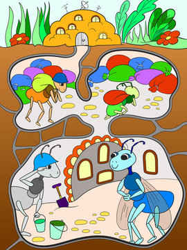 Interior and family life of ants in an anthill color for children cartoon raster illustration