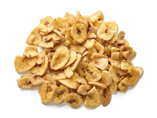 Banana chips slices isolated on a white background. Top view.
