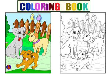 Childrens color and coloring book cartoon family on nature. Mom dog and puppies children