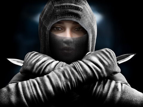 Female assassin slipping from the shadows closing in our her target. 3d rendering