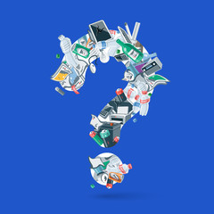 Waste creating question figure. Illustration of trash like, paper, plastic, glass, metal, e-waste, batteries, light bulbs and mixed garbage forming a question mark. Vector concept in cartoon style. 