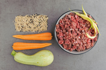 Natural raw ingredients for pet food on grey background.
