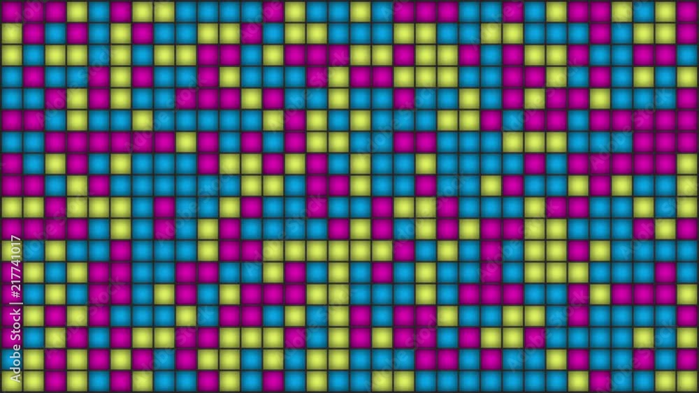 Poster flashing multicolor mosaic lamps or pixels on the screen. loopable motion background