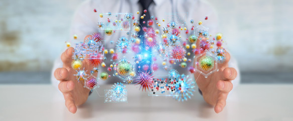 Businessman analyzing bacteria microscopic close-up 3D rendering