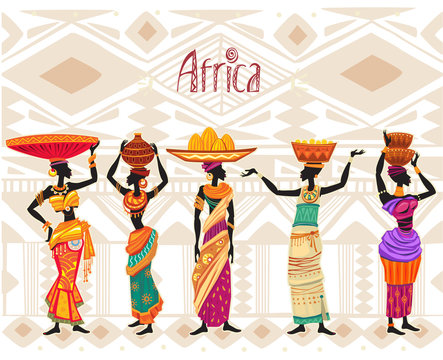 African woman in ethnic dress on ornament background