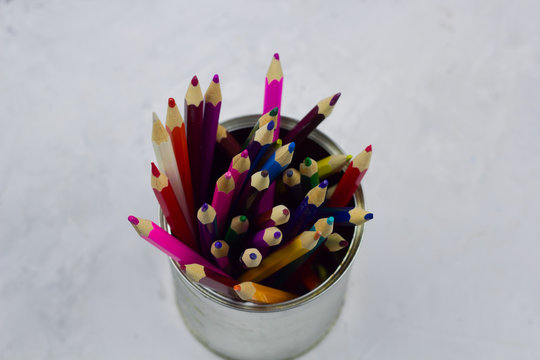 Top view of color pencils in a can