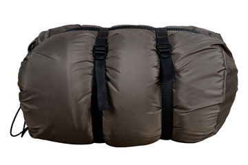 Gray sleeping bag, isolated on white background, collapsed, nylon, warm for hiking and traveling.